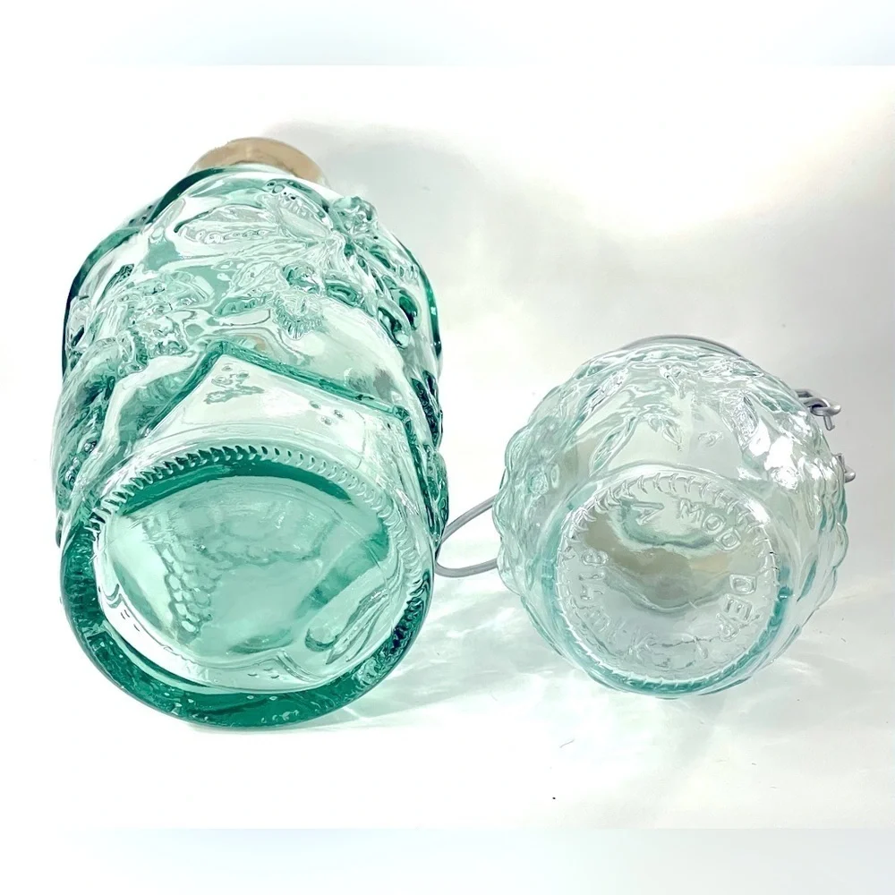 Green Glass Decanter w/ Cork and Canister w/ Bail Fruit Embossed Canada Mod Dep